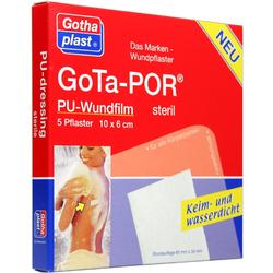 Rote Packung mit Wundpflaster, fünf sterile Pflaster, wasser- und keimdicht.