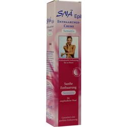 Rosa und weiße Verpackung einer Enthaarungscreme für sensible Haut.