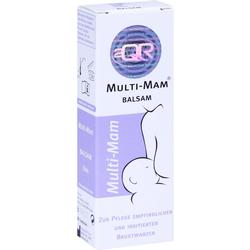 Weiße Verpackung eines Balsams mit lila Baby-Illustration und Text: "Multi-Mam Balsam".