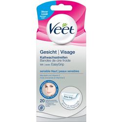 Die Verpackung zeigt Veet Kaltwachsstreifen für das Gesicht mit 20 Streifen.