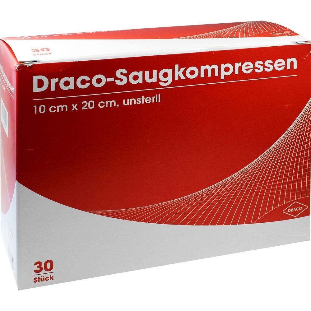 Rote Verpackung mit 30 unsterilen Draco-Saugkompressen, Größe 10x20 cm.