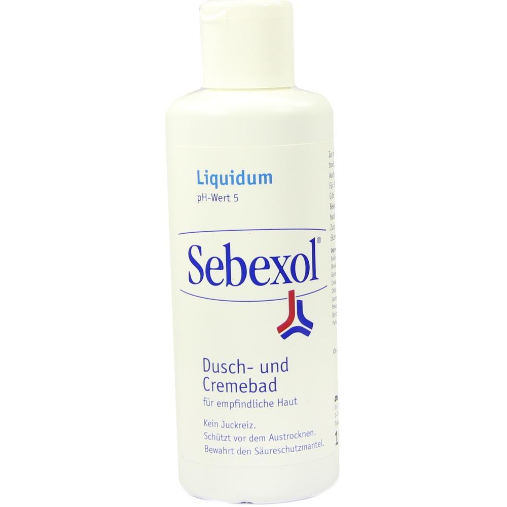Weiße Flasche mit Sebexol Dusch- und Cremebad für empfindliche Haut.
