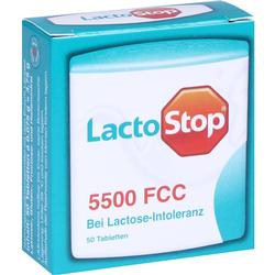 Eine Packung LactoStop-Tabletten für Menschen mit Laktose-Intoleranz.